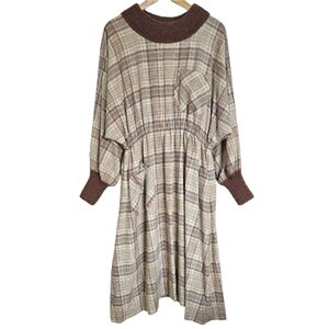 Brown Plaid Cinched‎ Waist Midi Dress